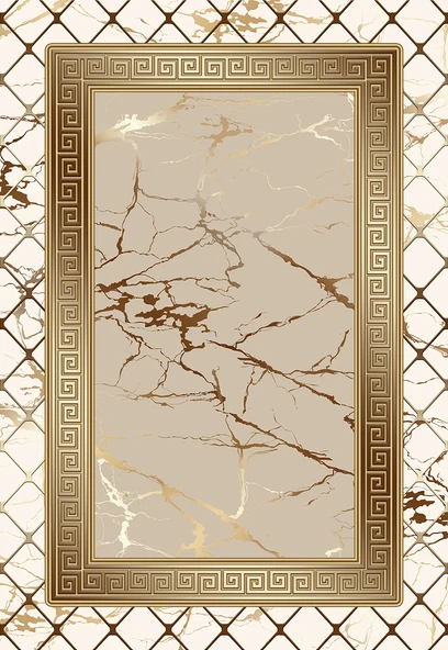 Makinede Yıkanabilir Leke Tutmaz  Krem-Vizon Deko Deri Kaymaz Taban Versace Salon Saçaksız Halı B1281-1  KREM-VİZON 80 x 300 - Resim 2