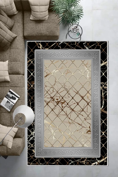 Makinede Yıkanabilir Leke Tutmaz  Siyah-Gri Dot Keçe Kaymaz Taban Versace Salon Saçaksız Halı B1278-1  GOLD-VİZON 180 x 280 - Resim 6