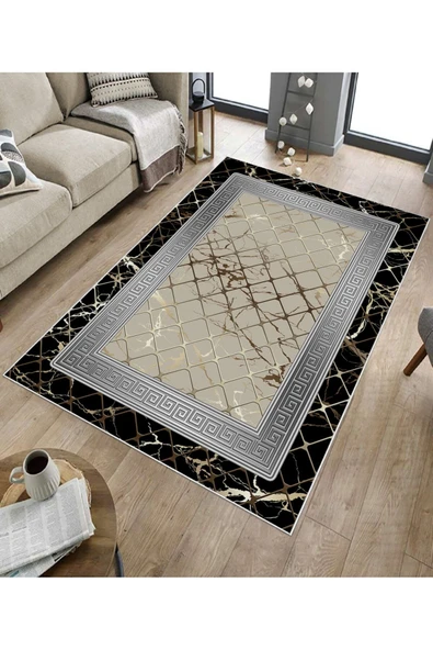 Makinede Yıkanabilir Leke Tutmaz  Siyah-Gri Dot Keçe Kaymaz Taban Versace Salon Saçaksız Halı B1278-1  GOLD-VİZON 180 x 280 - Resim 5