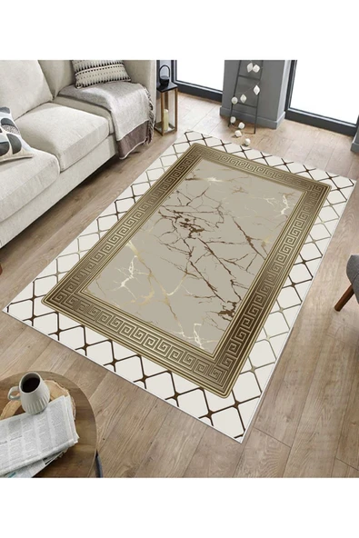 Makinede Yıkanabilir Leke Tutmaz  Krem-Vizon Deko Deri Kaymaz Taban Versace Salon Saçaksız Halı B1281  KREM-VİZON 80 x 150 - Resim 5