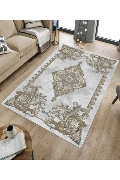 Makinede Yıkanabilir Leke Tutmaz  Gri-Kahve Deko Deri Kaymaz Taban Göbekli Salon Saçaksız Halı E4144  KAHVERENGİ 100 x 300 - Resim 5