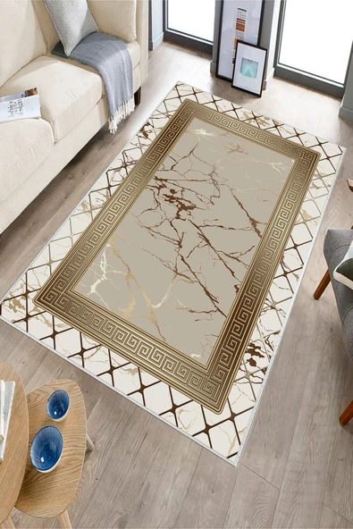 Makinede Yıkanabilir Leke Tutmaz  Krem-Vizon Deko Deri Kaymaz Taban Versace Salon Saçaksız Halı B1281-1  KREM-VİZON 80 x 300 - Resim 3