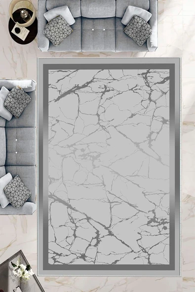 Makinede Yıkanabilir Leke Tutmaz  Gri Pvc Deri Kaymaz Taban Çerçeve Salon Saçaksız Halı B1288  GRİ 80 x 150