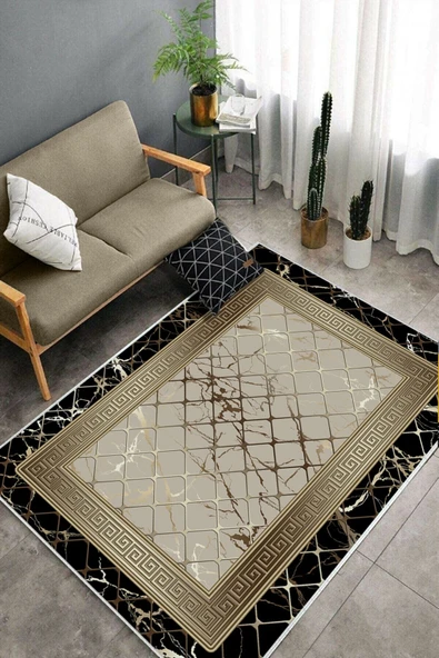 Makinede Yıkanabilir Leke Tutmaz  Siyah-Vizon Deko Deri Kaymaz Taban Versace Salon Saçaksız Halı B1278  SİYAH VİZON 100 x 300 - Resim 4