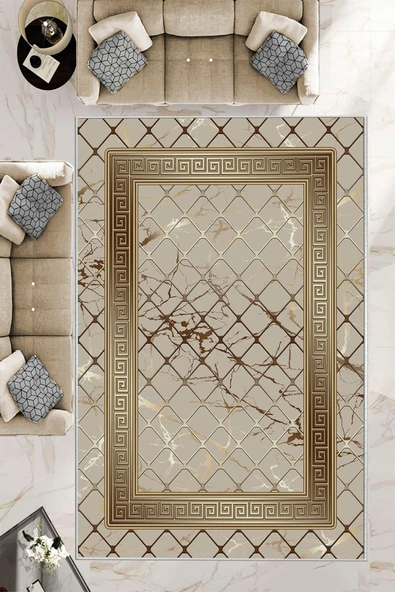 Makinede Yıkanabilir Leke Tutmaz  Vizon-Gold Deko Deri Kaymaz Taban Versace Salon Saçaksız Halı B1280  VİZON-GOLD 80 x 200