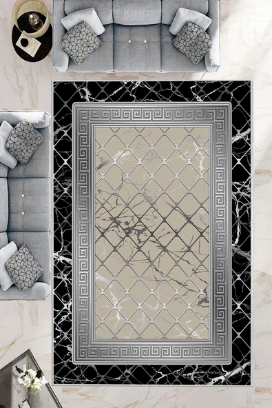 Makinede Yıkanabilir Leke Tutmaz  Siyah-Vizon Deko Deri Kaymaz Taban Versace Salon Saçaksız Halı B1294-1  SİYAH-VİZON 120 x 180 ürün görseli