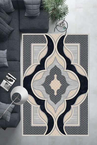 Makinede Yıkanabilir Leke Tutmaz  Lacivert Deko Deri Kaymaz Taban Göbekli Salon Saçaksız Halı B1272  LACİVERT 80 x 300 - 2