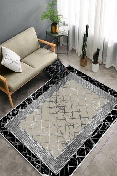 Makinede Yıkanabilir Leke Tutmaz  Siyah-Vizon Deko Deri Kaymaz Taban Versace Salon Saçaksız Halı B1294-1  SİYAH-VİZON 120 x 180 - Resim 4
