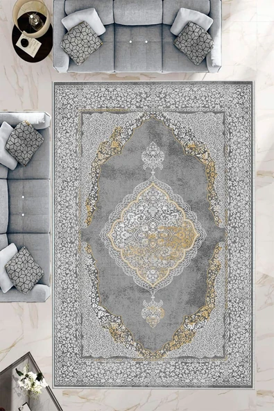 Makinede Yıkanabilir Leke Tutmaz  Gri Deko Deri Kaymaz Taban Göbekli Salon Saçaksız Halı E4141  GRİ 180 x 280