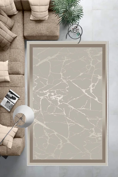 Makinede Yıkanabilir Leke Tutmaz  Bej-Vizon Dot Keçe Kaymaz Taban Salon Saçaksız Halı B1287  BEJ-VİZON 100 x 300 - Resim 6