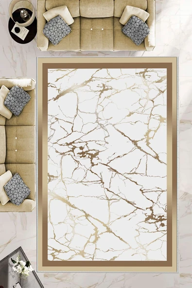 Makinede Yıkanabilir Leke Tutmaz  Gold-Beyaz Deko Deri Kaymaz Taban Çerçeve Salon Saçaksız Halı B1286-1  GOLD-BEYAZ 120 x 180
