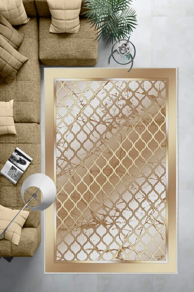 Makinede Yıkanabilir Leke Tutmaz  Gold Pvc Deri Kaymaz Taban Modern Salon Saçaksız Halı B1283  GOLD 100 x 200 - 6