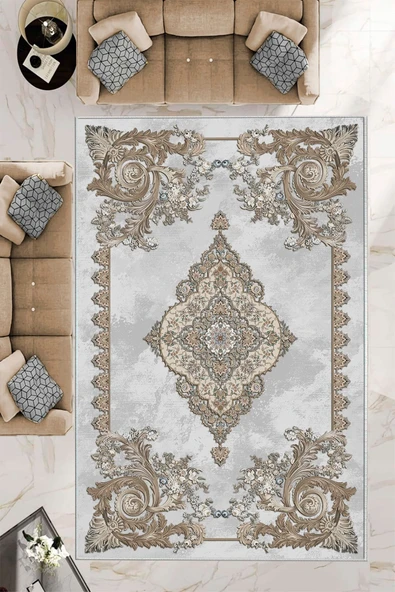 Makinede Yıkanabilir Leke Tutmaz  Gri-Kahve Deko Deri Kaymaz Taban Göbekli Salon Saçaksız Halı E4144  KAHVERENGİ 120 x 180