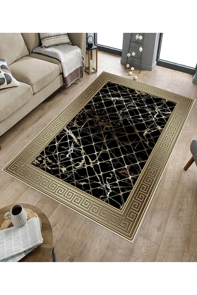 Makinede Yıkanabilir Leke Tutmaz  Vizon-Siyah Deko Deri Kaymaz Taban Versace Salon Saçaksız Halı B1277-1  VİZON-SİYAH 80 x 150 - 5