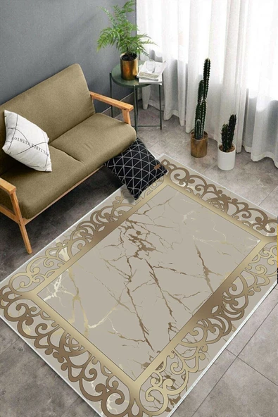 Makinede Yıkanabilir Leke Tutmaz  Gold Pvc Deri Kaymaz Taban DekorÇerçeve Salon Saçaksız Halı B1274  GOLD 80 x 200 - 4