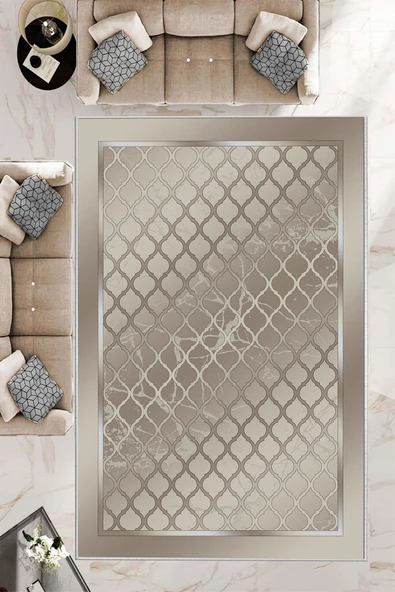 Makinede Yıkanabilir Leke Tutmaz  Bej-Vizon Deko Deri Kaymaz Taban Modern Salon Saçaksız Halı B1284  BEJ-VİZON 80 x 150