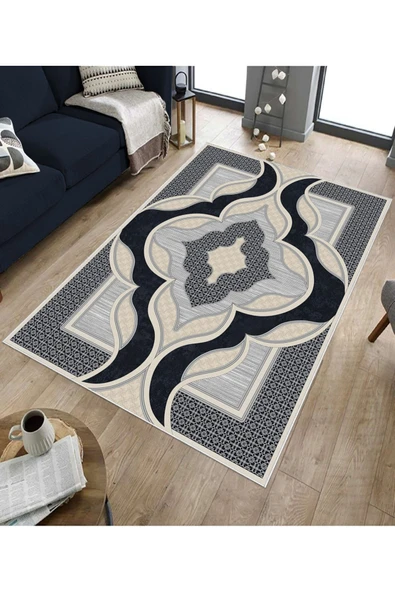 Makinede Yıkanabilir Leke Tutmaz  Lacivert Deko Deri Kaymaz Taban Göbekli Salon Saçaksız Halı B1272  LACİVERT 80 x 300 - 5