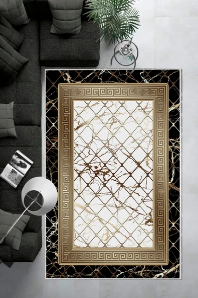 Makinede Yıkanabilir Leke Tutmaz  Siyah-Beyaz Deko Deri Kaymaz Taban Versace Salon Saçaksız Halı B1279  SİYAH-BEYAZ 160 x 230 - Resim 6