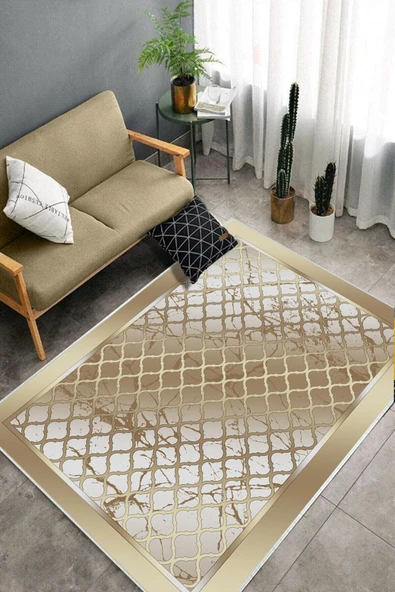 Makinede Yıkanabilir Leke Tutmaz  Gold Pvc Deri Kaymaz Taban Modern Salon Saçaksız Halı B1283  GOLD 100 x 300 - 4