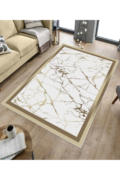 Makinede Yıkanabilir Leke Tutmaz  Gold-Beyaz Deko Deri Kaymaz Taban Çerçeve Salon Saçaksız Halı B1286-1  GOLD-BEYAZ 200 x 300 - Resim 5