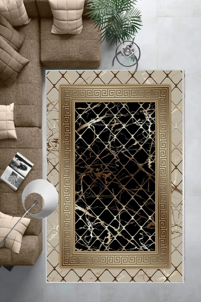 Makinede Yıkanabilir Leke Tutmaz  Vizon-Siyah Deko Deri Kaymaz Taban Versace Salon Saçaksız Halı B1277  VİZON-SİYAH 80 x 150 - Resim 6