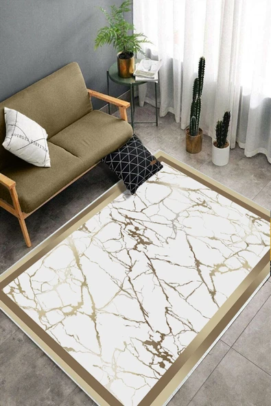 Makinede Yıkanabilir Leke Tutmaz  Gold-Beyaz Deko Deri Kaymaz Taban Çerçeve Salon Saçaksız Halı B1286-1  GOLD-BEYAZ 200 x 300 - Resim 4