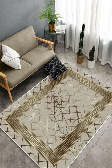 Makinede Yıkanabilir Leke Tutmaz  Vizon-Gold Deko Deri Kaymaz Taban Versace Salon Saçaksız Halı B1280  VİZON-GOLD 120 x 180 - 4
