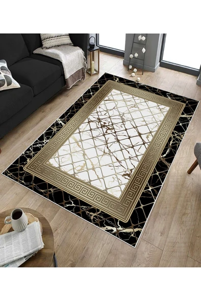 Makinede Yıkanabilir Leke Tutmaz  Siyah-Beyaz Deko Deri Kaymaz Taban Versace Salon Saçaksız Halı B1279  SİYAH-BEYAZ 160 x 230 - Resim 5