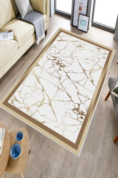 Makinede Yıkanabilir Leke Tutmaz  Gold-Beyaz Deko Deri Kaymaz Taban Çerçeve Salon Saçaksız Halı B1286-1  GOLD-BEYAZ 200 x 300 - Resim 3