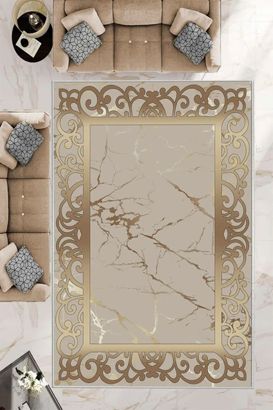 Makinede Yıkanabilir Leke Tutmaz  Gold Deko Deri Kaymaz Taban DekorÇerçeve Salon Saçaksız Halı B1274  GOLD 100 x 200