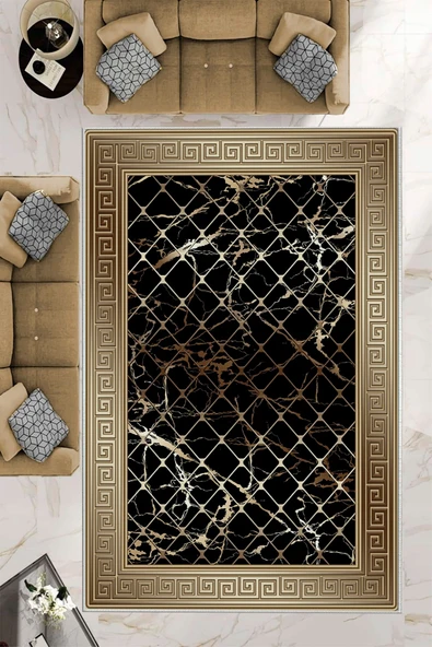 Makinede Yıkanabilir Leke Tutmaz  Vizon-Siyah Deko Deri Kaymaz Taban Versace Salon Saçaksız Halı B1277-1  VİZON-SİYAH 80 x 150