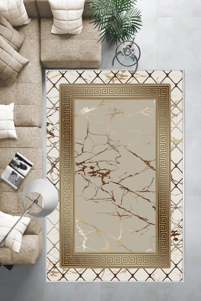 Makinede Yıkanabilir Leke Tutmaz  Krem-Vizon Deko Deri Kaymaz Taban Versace Salon Saçaksız Halı B1281-1  KREM-VİZON 100 x 200 - 6