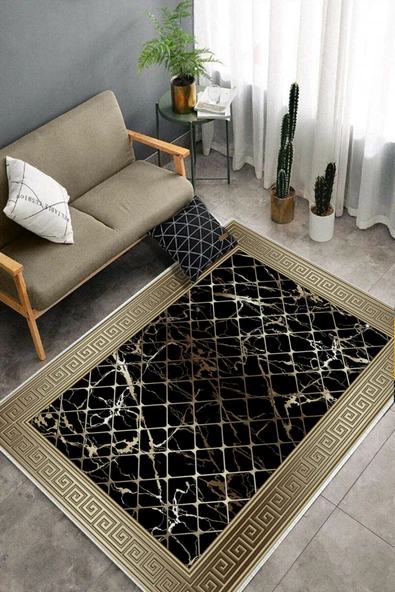 Makinede Yıkanabilir Leke Tutmaz  Vizon-Siyah Deko Deri Kaymaz Taban Versace Salon Saçaksız Halı B1277-1  VİZON-SİYAH 80 x 150 - 4