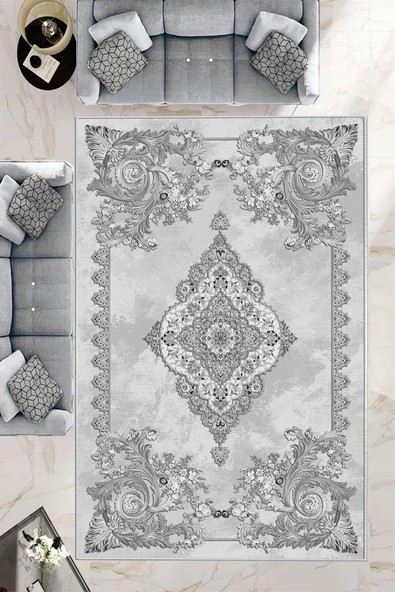 Makinede Yıkanabilir Leke Tutmaz  Gri Deko Deri Kaymaz Taban Göbekli Salon Saçaksız Halı E4146  GRİ 80 x 150