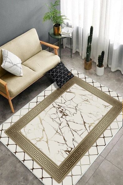 Makinede Yıkanabilir Leke Tutmaz  Krem-Gold Deko Deri Kaymaz Taban Versace Salon Saçaksız Halı B1282  KREM-GOLD 160 x 230 - Resim 4