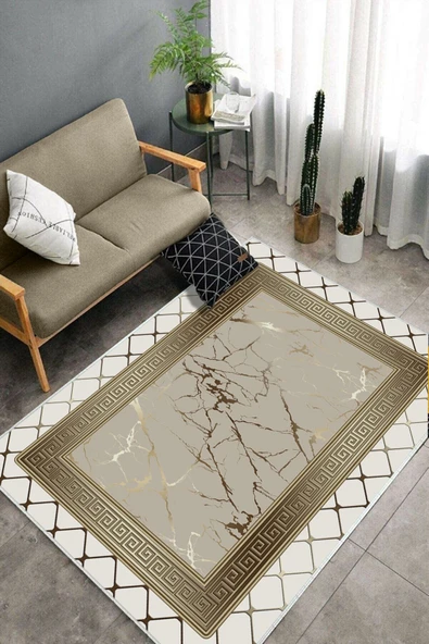 Makinede Yıkanabilir Leke Tutmaz  Krem-Vizon Deko Deri Kaymaz Taban Versace Salon Saçaksız Halı B1281  KREM-VİZON 180 x 280 - 4