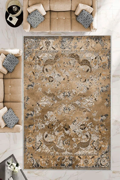 Makinede Yıkanabilir Leke Tutmaz  Kahverengi Deko Deri Kaymaz Taban Göbekli Salon Saçaksız Halı E4147  KAHVERENGİ 80 x 150