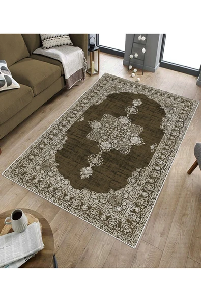 Makinede Yıkanabilir Leke Tutmaz  Kahverengi Deko Deri Kaymaz Taban Göbekli Salon Saçaksız Halı E4160  KAHVERENGİ 120 x 180 - Resim 5