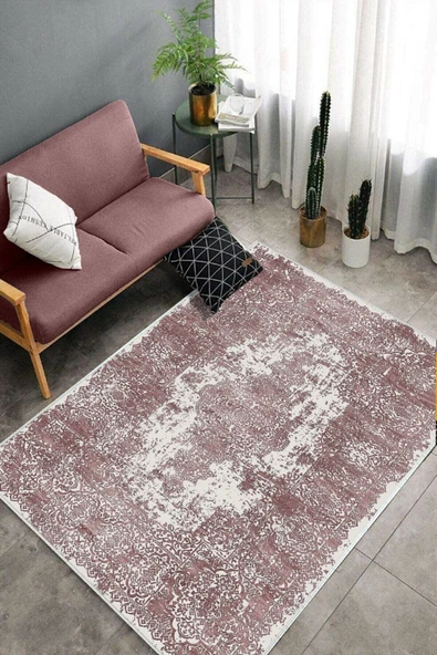 Makinede Yıkanabilir Leke Tutmaz  Pembe Deko Deri Kaymaz Taban Vintage Göbekli Salon Saçaksız Halı E4172  PEMBE 100 x 200 - Resim 4