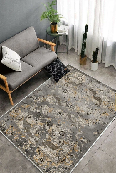 Makinede Yıkanabilir Leke Tutmaz  Gri-Kahve Deko Deri Kaymaz Taban Göbekli Salon Saçaksız Halı E4149  GRİ-KAHVERENGİ 80 x 150 - Resim 4