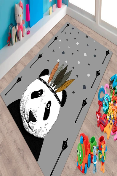 Makinede Yıkanabilir Leke Tutmaz  Gri Pvc Deri Kaymaz Taban Panda Çocuk Saçaksız Halı 563-00  ÇOKLU 100 x 300 - 3