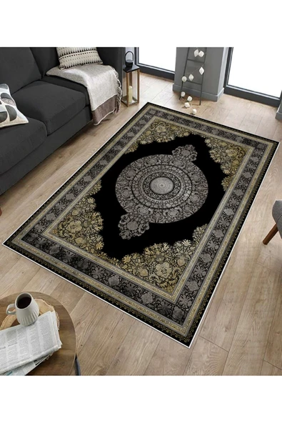 Makinede Yıkanabilir Leke Tutmaz  Siyah Dot Keçe Kaymaz Taban Göbekli Salon Saçaksız Halı E4158  SİYAH 100 x 300 - Resim 5