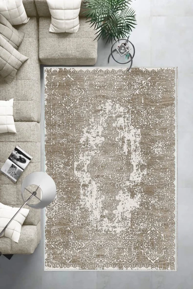 Makinede Yıkanabilir Leke Tutmaz  Vizon Deko Deri Kaymaz Taban Vintage Göbekli Salon Saçaksız Halı E4171  VİZON 200 x 300 - Resim 6