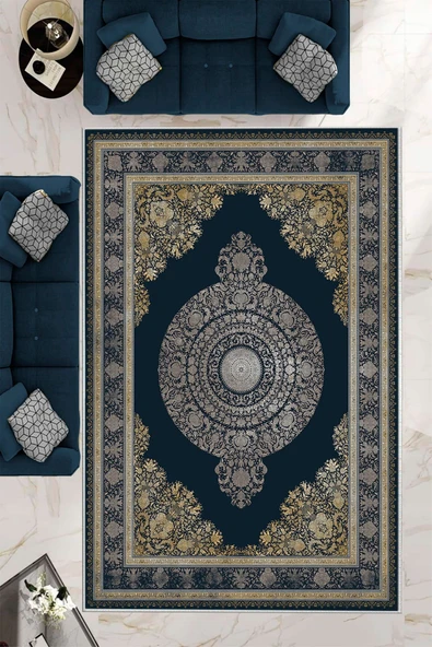 Makinede Yıkanabilir Leke Tutmaz  Lacivert Deko Deri Kaymaz Taban Göbekli Salon Saçaksız Halı E4157  LACİVERT 100 x 300