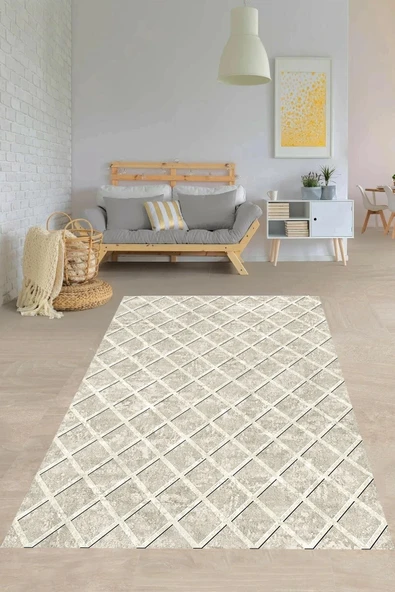 Makinede Yıkanabilir Leke Tutmaz  Krem Pvc Deri Kaymaz Taban Salon Saçaksız Halı 562-00  krem 100 x 140
