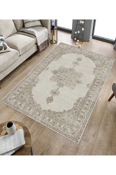 Makinede Yıkanabilir Leke Tutmaz  Bej Pvc Deri Kaymaz Taban Göbekli Salon Saçaksız Halı E4159  BEJ 200 x 300 - 5