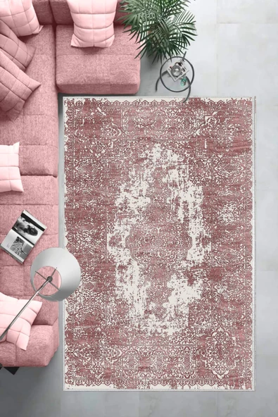 Makinede Yıkanabilir Leke Tutmaz  Pembe Deko Deri Kaymaz Taban Vintage Göbekli Salon Saçaksız Halı E4172  PEMBE 100 x 200 - Resim 6