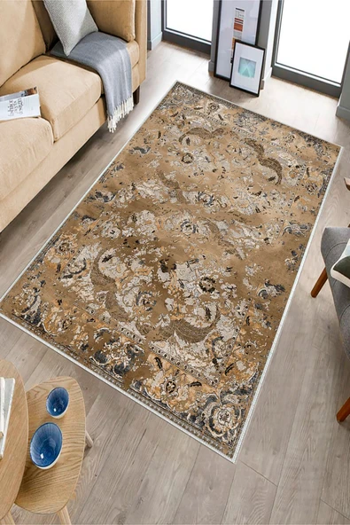 Makinede Yıkanabilir Leke Tutmaz  Kahverengi Deko Deri Kaymaz Taban Göbekli Salon Saçaksız Halı E4147  KAHVERENGİ 80 x 200 - 3