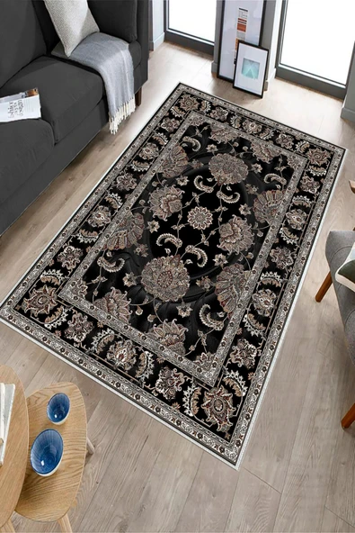 Makinede Yıkanabilir Leke Tutmaz  Siyah Deko Deri Kaymaz Taban Göbekli Salon Saçaksız Halı E4167  SİYAH 80 x 150 - Resim 3