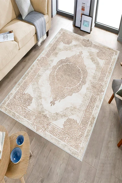 Makinede Yıkanabilir Leke Tutmaz  Krem-Vizon Dot Keçe Kaymaz Taban Göbekli Salon Saçaksız Halı E4174  KREM-VİZON 120 x 180 - Resim 2